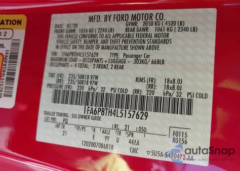 2020 Ford Mustang Ecoboost Fastback from USA, damaged, VIN 1FA6P8TH4L5157629